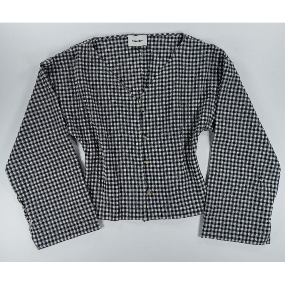 Nanushka Marsha Gingham Blouse L Large Womens Black White Checked Button V-Neck
